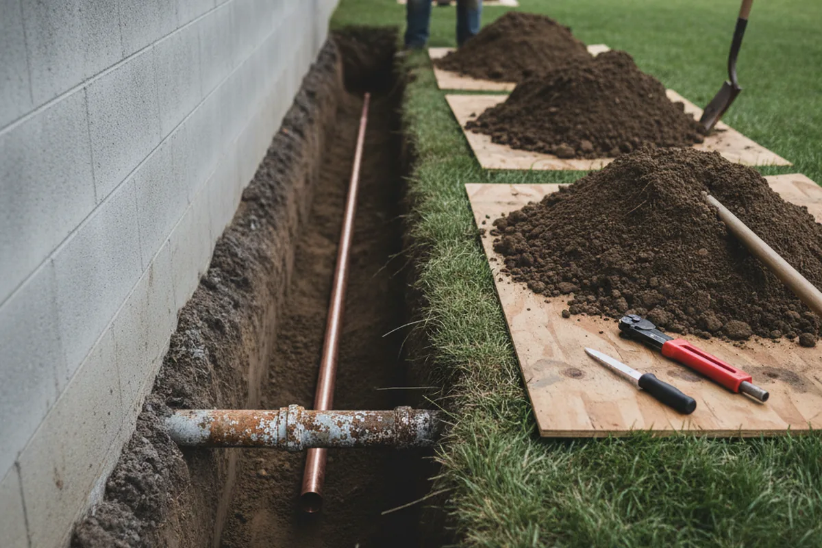 Excavated water line trench during Sewer Line Repair in Marshalltown